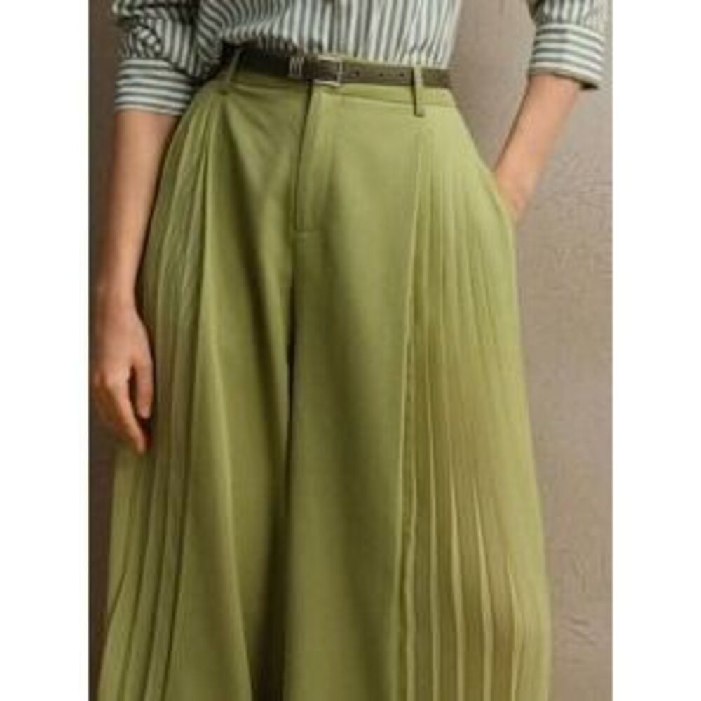 Anewsta Chiffon Patchwork Pleated Relaxed Waist Wide Leg Pants, Green, Fashiona…
